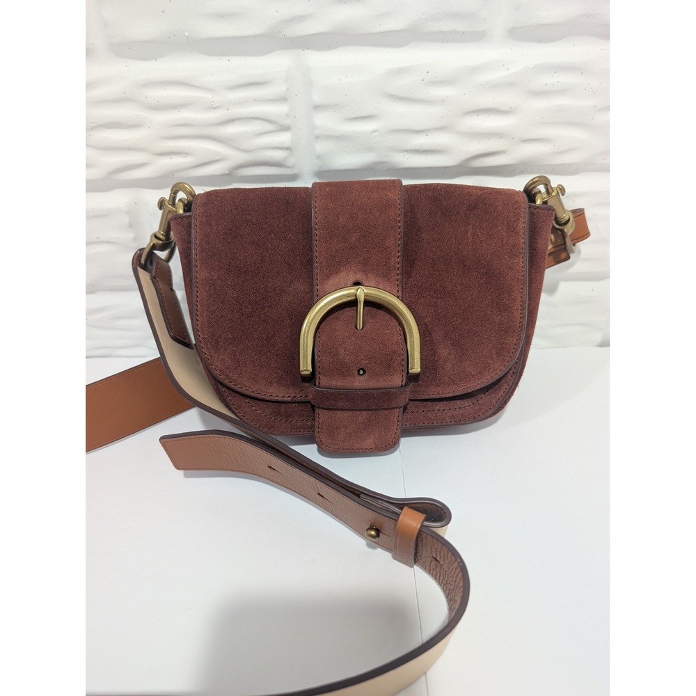 J.Crew Suede Crossbody Bag Mahogany Brown Leather Trim Buckle Saddle Bag